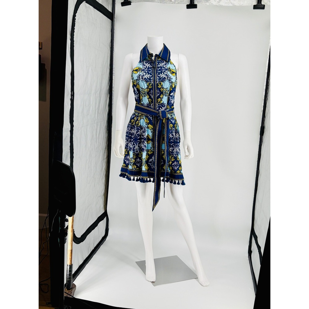 Alice + Olivia Blue Gold Baroque Chain Print Halter Zip Front Tassel Dress NWT